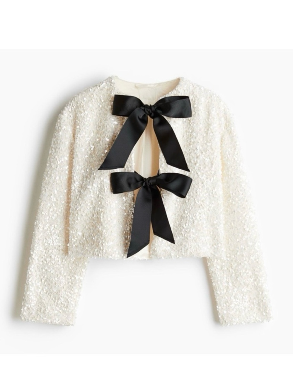 H&M Ivory Sequin Cropped Jacket with Black Ribbon Bows
